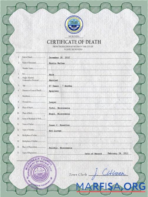 Printable Micronesia vital record death certificate PSD template